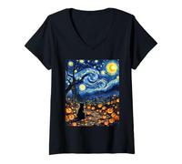 Femme Costume d'halloween Chat Noir Van Gogh Effrayant félin fête T-Shirt avec Col en V