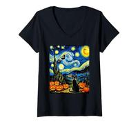 Femme Costume d'halloween Chat Noir Van Gogh Nuit hantée T-Shirt avec Col en V