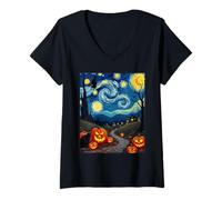 Femme Costume d'halloween Chat Noir Van Gogh sorcière Ciel Nocturne T-Shirt avec Col en V