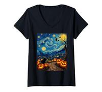 Femme Costume d'halloween Chat Noir Van Gogh sorcière étoilée T-Shirt avec Col en V