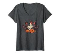 Femme Costume d'halloween de sorcière Poulet Mignon - Coq Citrouille fête T-Shirt avec Col en V
