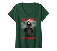 Femme Costume d'halloween du Pire Voisin du Monde Satire effrayante T-Shirt avec Col en V