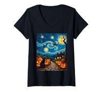 Femme Costume d'halloween Gothique de sorcière Van Gogh Chat Noir T-Shirt avec Col en V