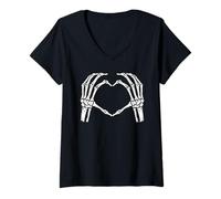 Femme Costume d'halloween rétro avec Mains squelettes et cœur T-Shirt avec Col en V