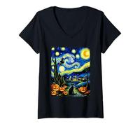 Femme Costume d'halloween sorcière Volant Chat Noir Van Gogh Party T-Shirt avec Col en V
