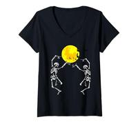 Femme Costume d'horreur Squelette Dansant Pleine Lune Chauve-Souris Halloween T-Shirt avec Col en V