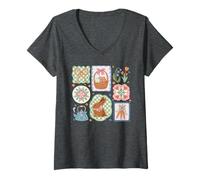 Femme Cottage Core Coquette de Lapin de Pâques Collage esthétique Mignon T-Shirt avec Col en V
