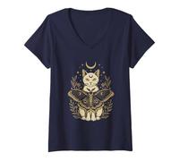 Femme Cottagecore Chat Moth Grunge Alt Trippy Creepy Horror Goth T-Shirt avec Col en V