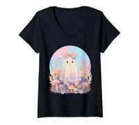 Femme Cottagecore Coquette Rose Pastel Fleurs fantômes et Champignons T-Shirt avec Col en V