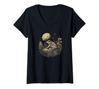 Femme Cottagecore Moon Frog Mushrooms Fairy Grunge Aesthetics T-Shirt avec Col en V