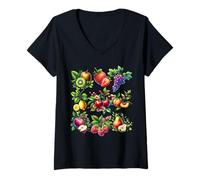 Femme Cottagecore Summer Fruits Aquarelle Pêche Cerises Baies T-Shirt avec Col en V