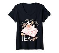 Femme Cottagecore Théière All I Need Are Books and Tea T-Shirt avec Col en V