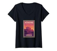Femme Coucher de soleil à Athènes Grèce Sunrise Dusk Aube Voyage Art Graphic T-Shirt avec Col en V