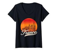 Femme Coucher de Soleil France Monuments T-Shirt avec Col en V