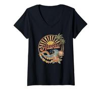 Femme Coucher de Soleil hawaïen Rayons de Soleil Lei Fleurs Hawaï Plage Surf T-Shirt avec Col en V