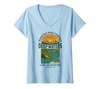 Femme Coucher de Soleil Montagne Eau Profonde Verse Art T-Shirt avec Col en V