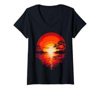 Femme Coucher de Soleil Nature Lune Graphique Forêt Portrait Motif T-Shirt avec Col en V