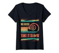 Femme Coucher de Soleil rétro Arc-en-Ciel coloré - No Rush Take It Slow - Escargot T-Shirt avec Col en V