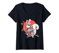 Femme Coucher de Soleil samouraï écureuil Japonais Style Ukiyo-e T-Shirt avec Col en V