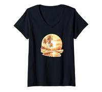 Femme Coucher de Soleil sur la Plage avec des Palmiers déserts T-Shirt avec Col en V