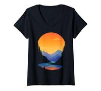 Femme Coucher de Soleil sur la Rivi T-Shirt avec Col en V