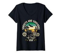 Femme Couchers de Soleil et Saguaros Southwest USA Hotrod Style Rétro Design T-Shirt avec Col en V
