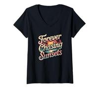 Femme Couchers de Soleil Forever Chasing T-Shirt avec Col en V