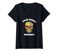 Femme Couleur Contre la conformité. Crâne coloré et Audacieux T-Shirt avec Col en V