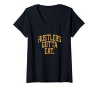 Femme Couleur Marron Feed The Hustlers Graphique Marron T-Shirt avec Col en V