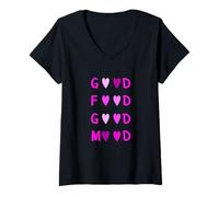 Femme Couleur Rose Love Good Food/Mood Pink Graphic T-Shirt avec Col en V