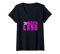Femme Couleur Rose W-reck-Less Pink Graphic T-Shirt avec Col en V
