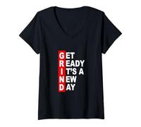 Femme Couleur Rouge « Get Ready It's A New Day » - Motif Grind Red T-Shirt avec Col en V