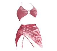 Femme Couleur Unie Maillot de Bain 3 pièces Ensemble de Bikini Texturé à Séchage Rapide Triangle Bikini String avec Paréo Jupe en résille à Cordon pour la Plage et la Piscine LiPink M
