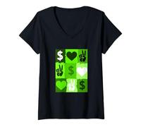 Femme Couleur Verte Peace Love Money Grid Green Graphic T-Shirt avec Col en V