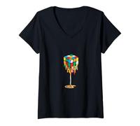 Femme Couleurs fondues qui font tomber les cubes Rubik T-Shirt avec Col en V