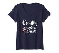 Femme Country copines et apéro - Cadeau Femme Humour drôle T-Shirt avec Col en V, Bleu Marine, S