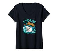 Femme Country Shark Yee Jaw Chapeau de Cowboy Humour Western Ocean Vibes T-Shirt avec Col en V