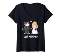 Femme Couple de chats mignons tenant la main dessin animé amour T-Shirt avec Col en V