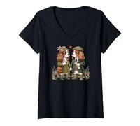 Femme Couple de Chiens Cavalier King-Charles-Spaniel T-Shirt avec Col en V