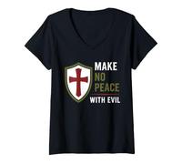 Femme Courage Strong Warrior Faith Saying Make No Peace with Evil T-Shirt avec Col en V
