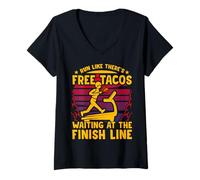 Femme Courez comme s'il y avait des tacos gratuits attendant à la ligne d'arrivée T-Shirt avec Col en V