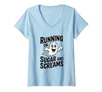 Femme Courir avec du Sucre et des cris, Un Joli fantôme pour Halloween T-Shirt avec Col en V