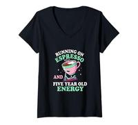 Femme Courir avec Un Expresso et Avoir de l'énergie pour Un Parent de Cinq Ans T-Shirt avec Col en V