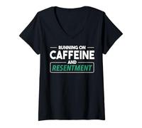 Femme Courir de caféine et de ressentiment. Citation Sarcastique T-Shirt avec Col en V