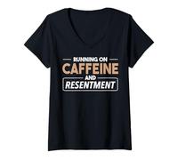 Femme Courir de caféine et de ressentiment. Citation Sarcastique T-Shirt avec Col en V