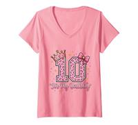 Femme Couronne de 10e Anniversaire avec nœud léopard Rose pour Fille T-Shirt avec Col en V