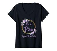Femme Couronne de Fleurs « He is Risen » Réjouissez-Vous de la résurrection T-Shirt avec Col en V