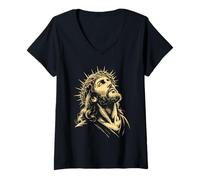 Femme Couronne D'épines Regard Sacré Gravure Foi Chrétienne Art T-Shirt avec Col en V