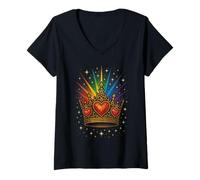Femme Couronne en Forme de cœur Arc-en-Ciel T-Shirt avec Col en V