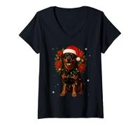 Femme Couronne Lumineuse de Noël Rottweiler Père Noël Chien T-Shirt avec Col en V